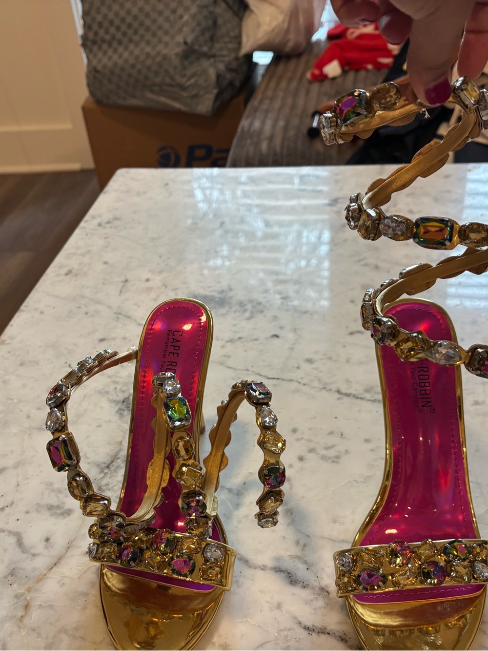 Gold and Hot Pink Jeweled Strappy Sandals